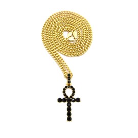 Egyptian Colorful Ankh Cross Pendant 3mm 24" Cuban Chain Necklace in Gold Tone (Gold + Black / 24" Cuban Chain)
