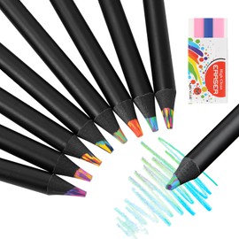 AUAUY 8pcs Colored Pencils, Rainbow Pencil for Kids and Students, Black Wood Pencil Thick Rod Set for Coloring Books, Drawing Sketching, 8 Colors Pencils with Eraser, Drawing Stationery, Art Supplies