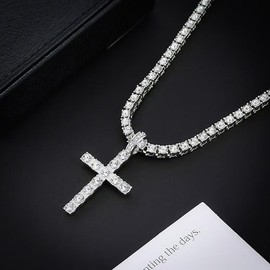Cross Necklace for Men & Women, 2024 Trendy Iced Out Charm Necklace, Punk Accessories for Gift without Box:_Silver(24inch)