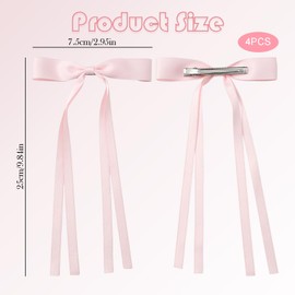 ZSRVAJ 4 PCS Hair Ribbons, Tassel Hair Ribbon, Pink Hair Bow With Hair Barrette Long Tails Hair Clips Ponytail, Cute Hair Accessories Hair Ribbons for Women & Girls