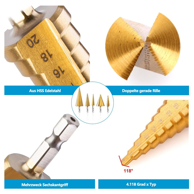 Genossen Step Drill Set, 6 Pieces HSS Step Drill Set,