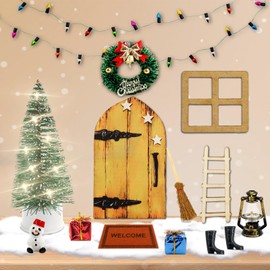 Gnome Door Accessories Christmas Set 16 Pieces, Christmas Gnome Door with Light Christmas Tree, Christmas Decoration Elf Door for Children Gifts, Wooden Gnome Door Boots, Wooden Ladder, Wreath and