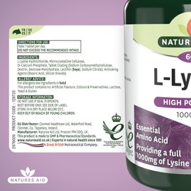 Natures Aid L-Lysine 1000mg – High Strength Essential Amino Acid – Supports Immune System, Muscle Recovery, Collagen, Bone Health & Energy – Vegan, Gluten-Free - 60 Tablets