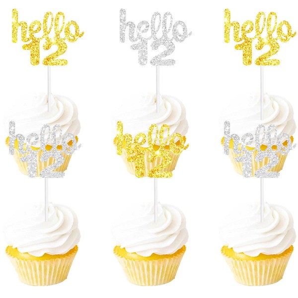 18PCS Hello 12th Cupcake Topper Picks for Happy Birthday Party Cheer to 12 Years Old Theme Party Decoration Supplies Celebrating Anniversary Gold silver Glitter