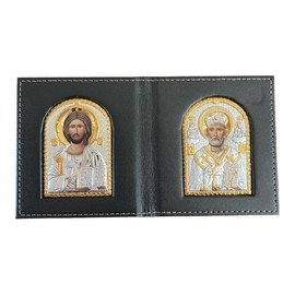 (K-03-01) Jesus Christ - Saint Nicholas/Byzantine Silver Orthodox Pocket Icon/Greek/Handmade (black, 3x3)