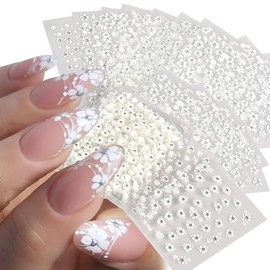 30 Sheets Flower Nail Art Stickers Decals, Spring Flower Nail Stickers 3D Self Adhesive Nail Decals Floral Leaf Design Cute White Flowers Nail Art Supplies for Women Girls DIY Manicure Decorations