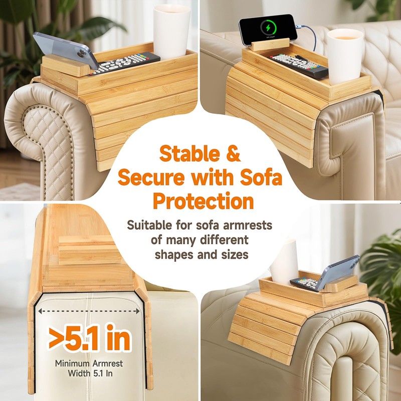Bamboo Sofa Arm Tray – 2-in-1 Magnetic Detachable Couch Cup