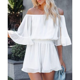 Fixmatti Women Bono Rompers Off Shoulder Ruffle Beach Shorts Jumpsuit Chiffon Playsuit White XL
