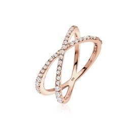Elli Women's 925 Sterling Silver Rose Gold Plated Xilion Cut Zirconi Crossed Ring, Size N