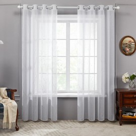 Deconovo Sheer Voile Curtains, Linen-Look Eyelet Curtains, 145 x 140 cm, White, Set of 2