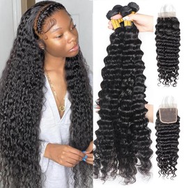Deep Wave Human Hair Bundles with Closure Brazilian Hair 3 Bundles with 4x4 Lace Closure - Length: 12 14 16 18 with 14