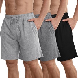 IHU 3 Pack Men's Cotton Pajama Shorts - Soft Sleepwear & Lounge Bottoms with Drawstring & Pockets Sleep Shorts for Men L Black, Gray, Light Gray