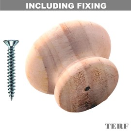 TERF® Traditional Unlacquered Pine Wooden Cupboard Cabinet Door Knob 50mm Drilled Wood Knob with Fixing for Chest Drawer Cupboard Kitchen Wardrobe Door Pull Handle Knobs - Pack of 8