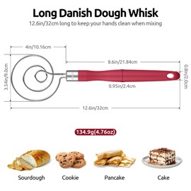 U-Taste Danish Dough Whisk for Bread: 18/8 Stainless Steel Heavy-Duty Sourdough Mixing Tool, Food Grade Dutch Style Seamless Dough Hook, Sturdy for Stirring, Kneading Thick Batter (12.6", Red)
