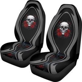 Finagallathe Skull Rose Car Seat Covers Front Pair Black Automotive Front Seat Covers for Comfortable Driving,Universal Auto Interior Fit for Most Kinds of Vehicles,SUV,Sedans