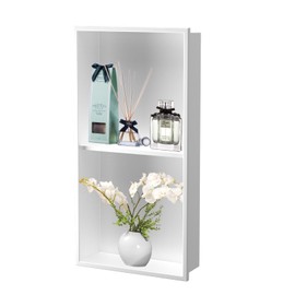 Homevacious 12"×24" Stainless Steel Shower Niche No Tile Needed White Double Shelves Bathroom Shelf Rimless Recessed Wall Niche for Bathroom Storage