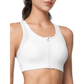 Yvette High Impact Zip Front Sports Bra Mesh Racerback Workout High Support Sports Bras for Women Large Breasts, White