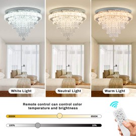 CLAIRDAI Dimmable Crystal Chandeliers Modern Chandeliers LED Flush Mount Crystal Ceiling Light with Remote Control Chandelier with 5 Tier Crystal Drops for Hallway Bedroom Dining Room Living Room