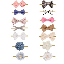 14 PCS Baby Girl Bows and Headbands, Stretchy Nylon Hairbands Hair Bows for Newborns, Infants, Toddlers - Handmade Baby Hair Accessories for Girls (White Flower, mid)