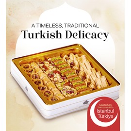 Cerez Pazari Baklava Pastry Gift Set - Turkish Baklava Pastry With Nuts & Spices - Baklava Gift Box From Turkey - Pastry, Halal Snacks - Assorted 45-48 Pieces Per Metal Dessert Box - 1.32 lbs