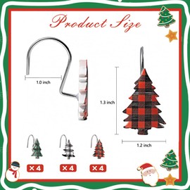 Christmas Tree Shower Curtain Hooks, Buffalo Plaid Shower Rings, Festive Holiday Decor, 12 Pack Decorative Hooks for Bathroom, Country Farmhouse Bathroom Accessories Set, Durable and Easy to Install