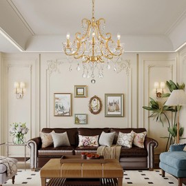 Crystal Chandelier, 5-Light Gold Chandelier for Dining Room Light Fixture, K9 Crystal Pendant Ceiling Light Fixture, Modern Candle Chandelier for Living Room Kitchen Island Entryway Bedroom