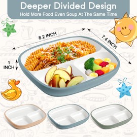 Domensi Kids Porcelain Plates with Silicone Sleeves 8.2 Inch Divided Porcelain Plate Toddler White Suction Dishes for Baby Troubleless Eating Microwave Dishwasher Safe(Stylish,3 Set)