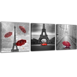 NAN Wind 3 Pcs Paris Canvas Prints Black and White Canvas with Red Umbrella Eiffel Tower Decor Red Car Red Wall Art Paintings on Canvas Stretched and Framed Ready to Hang for Home Decor