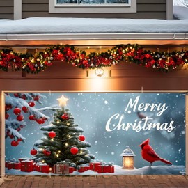 Christmas Garage Door Banner 7x16FT, Cardinal Bird and Gift Tree Garage Door Cover, Large Outdoor Xmas Decoration for Garage Doors, Garden Fence & Holiday Parties