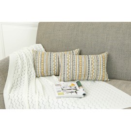 Mika Home Pack of 2 Rectangle Decorative Pillow Cases Throw Pillow Covers for Home Decoration, Bohemian Striped Geometric Pattern, 12x20 Inches, Gold Grey Cream