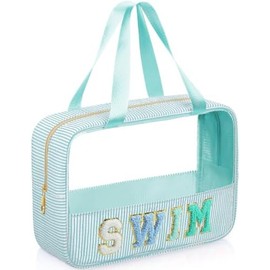 Cosmetic Bag Organizer Travel, Compact Lightweight Accessory for Travel and Daily Use - Sanwuta Seersucker Swim Chenille Letter
