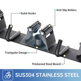 ZONGOOL 2 Pack Mop Broom Holder Wall Mount, Broom Organizer Storage Tool Racks Stainless Steel Self Adhesive Heavy Duty Hooks for Home Kitchen Garden (3 Racks with 4 Hooks, Black)