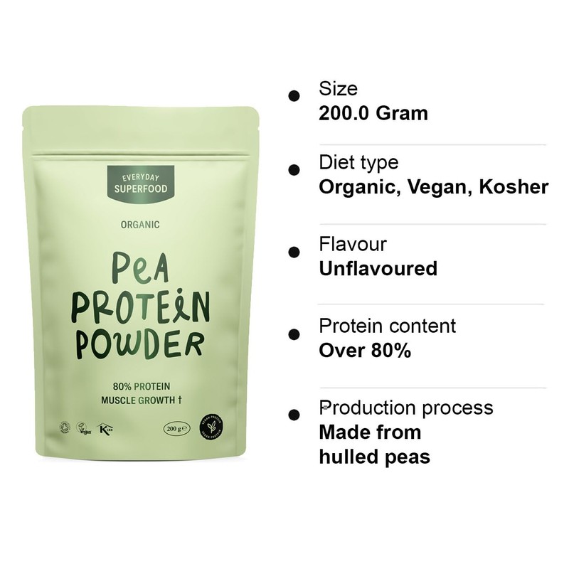Everyday Superfood Organic Pea Protein Powder 200g, 80% Protein, Unflavoured,