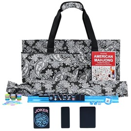 American Mahjong Game Set, 166 Black Tiles (1.2”), 4 All-in-One Color Rack/Pushers & Drawstring Bag, Complete Mahjong Set with Black Carrying Bag and Mahjong Tiles Set Accessories