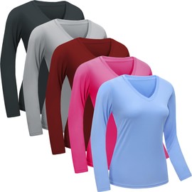 5 Pack Womens Long Sleeve Workout Tops Moisture Wicking Athletic Shirts Running Quick Dry V Neck T Shirts for Women