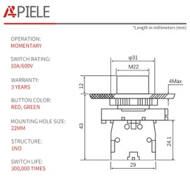 APIELE 2PCS 22MM Momentary Push Button Switch Red Green 10A 600V Plastic Material LA139A-EA31 (1NO)