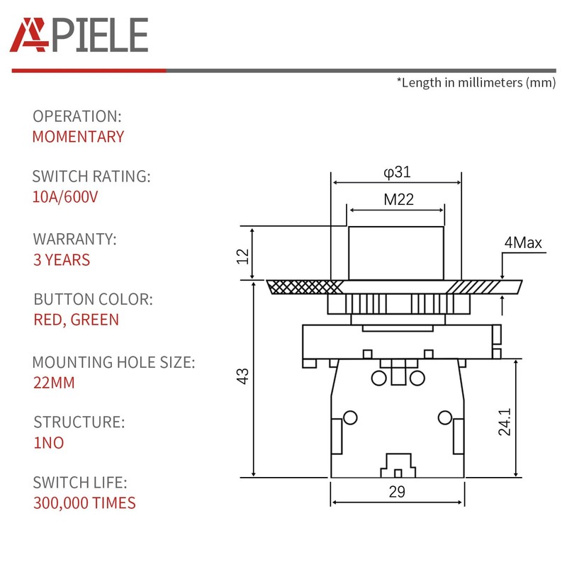 APIELE 2PCS 22MM Momentary Push Button Switch Red Green 10A