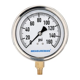 MEASUREMAN 4" Dial Size, Glycerin Filled Plumbing Pressure Gauge, 0-160psi, Stainless Steel Case, 1/4" NPT Lower Mount