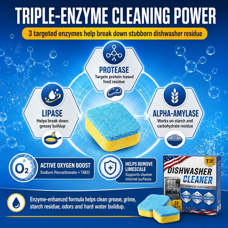 Enzyme Dishwasher Cleaner Tablets Ultra, 24 Count - Remover Odor
