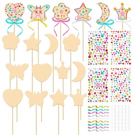 OPUHOHR 18 Pieces DIY Wand for Children, Wooden Craft Set Children Girls, Party Bag Princess Craft with Princess Wand / Gemstone Stickers / Glitter Ribbons