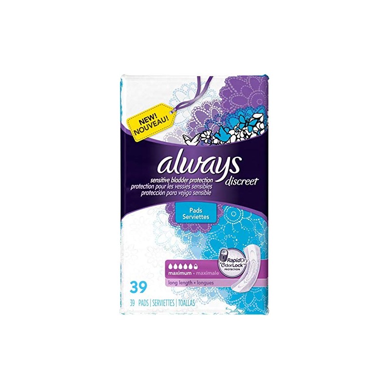 Always Discreet Incontinence Maximum Absorbency Pads, Long 39 ea (Pack