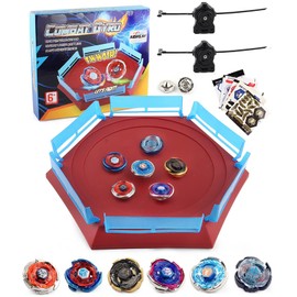 AIBREAY Battling Top Stadium Set, 6 Metal Fusion Spinning Tops, 2 Launchers, 1 Battle Arena with DIY Sticker, Combat Game Toys Gift for 6+ Years Old Kids