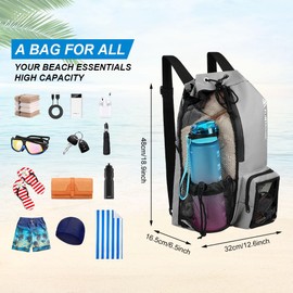 flintronic Drawstring Backpack, Waterproof Swimming Bag, Sports Gym Bag with Wet and Dry Compartment, Mesh Pockets with Drawstring, Large Sports Bag for Men & Women, for Beach, Swimming, Sports, gray