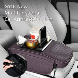2026 Upgraded Car Center Console Cushion with 30w USB& Type-C Charging Ports, Leather Car Armrest Pad Cover, Interior Accessories for Most Vehicles (Classic Flat Version, Beige)