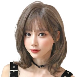 LINXAS Wig, Semi-Long, Full Wig, Medium, Natural with Bangs, Bob, Natural Wig, Women's, Wig Wig, Cosplay with Net