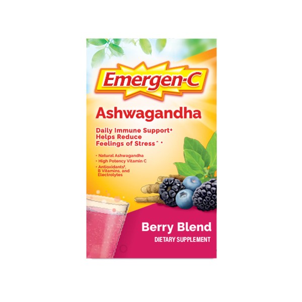 Emergen-C Vitamin C Ashwagandha Drink Mix Powder, Dietary Supplement for Immune Support, Berry Blend - 18 Count