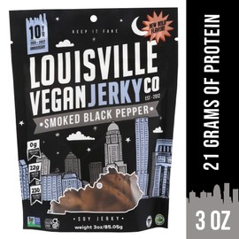 Louisville Vegan Jerky - Smoked Black Pepper, Vegetarian & Vegan-Friendly Jerky, 21 Grams of Non-GMO Soy Protein, 240 Calories Per Bag, Gluten-Free Ingredients (3 oz, 5-Pack)