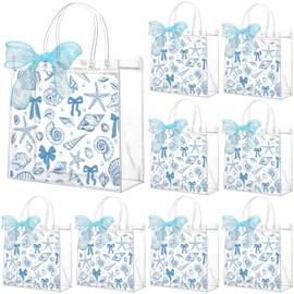 Motipuns 24 Pcs Beach Seashell Clear PVC Gift Bags with Handles and Ribbon Summer Bachelorette Party Reusable Blue Bows Ocean Starfish Plastic Goodie Candy Treat Bags for Birthday Party Supplies