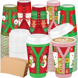Maxcheck 90 Pack 16 oz Christmas Disposable Coffee Cups with Lids and Sleeves Holiday Coffee Cups Christmas Paper Coffee Cups Hot Chocolate Cups Cocoa Cups for Ugly Sweater Party Christmas Party