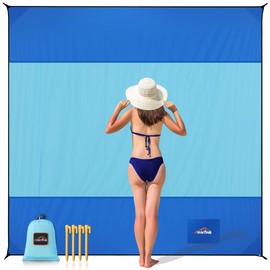 AnorTrek Beach Blanket Sandproof, Extra Large Beach Mat, Sand Free Mat Quick Drying, Lightweight, Soft & Durable Mat for Beach, Yard (Blue & Sky Blue, 10 x 10 FT (1～9 Person))